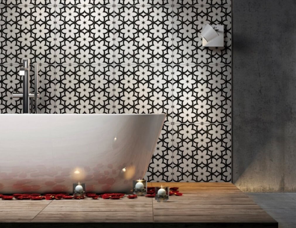 Bathroom tile wall with a floral pattern
