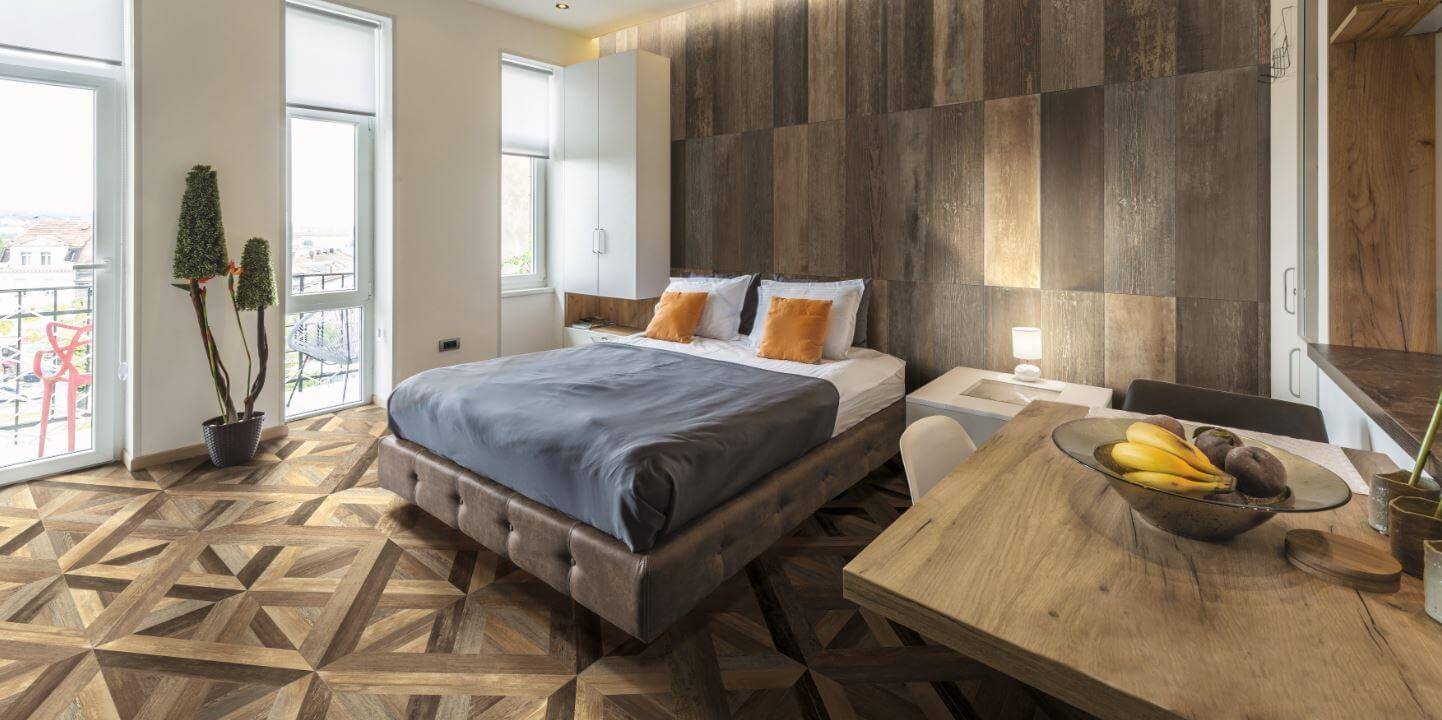 Wood-look parquet tile flooring
