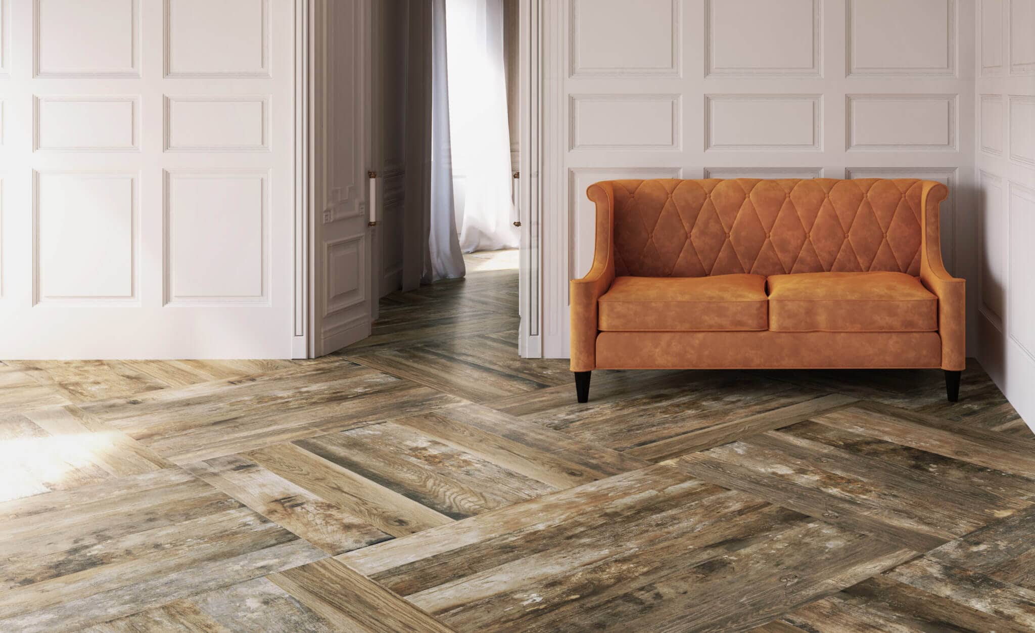 Wood-look crosshatch tile flooring