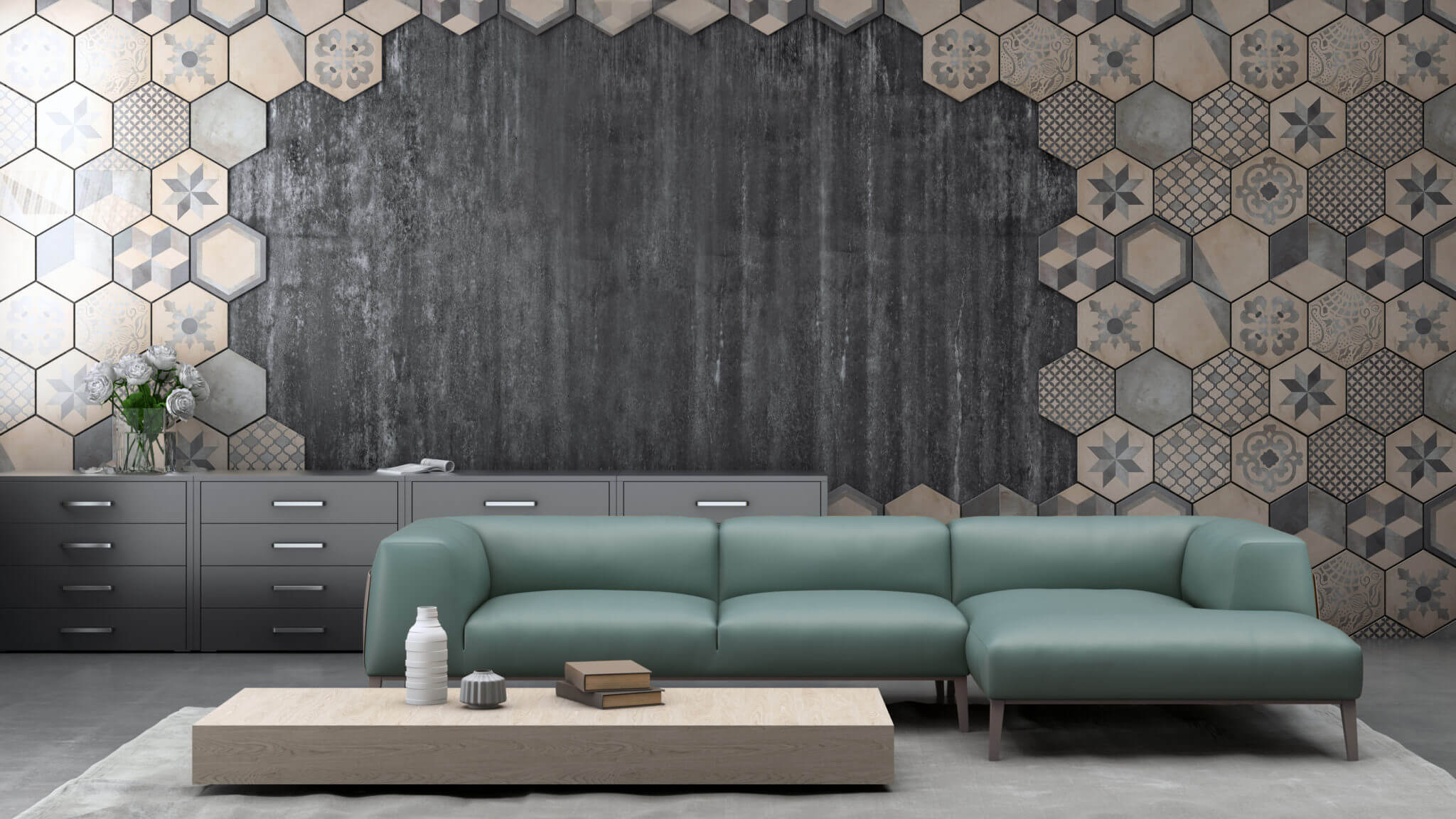 Patterned beige hexagon wall tiles in a staggered design