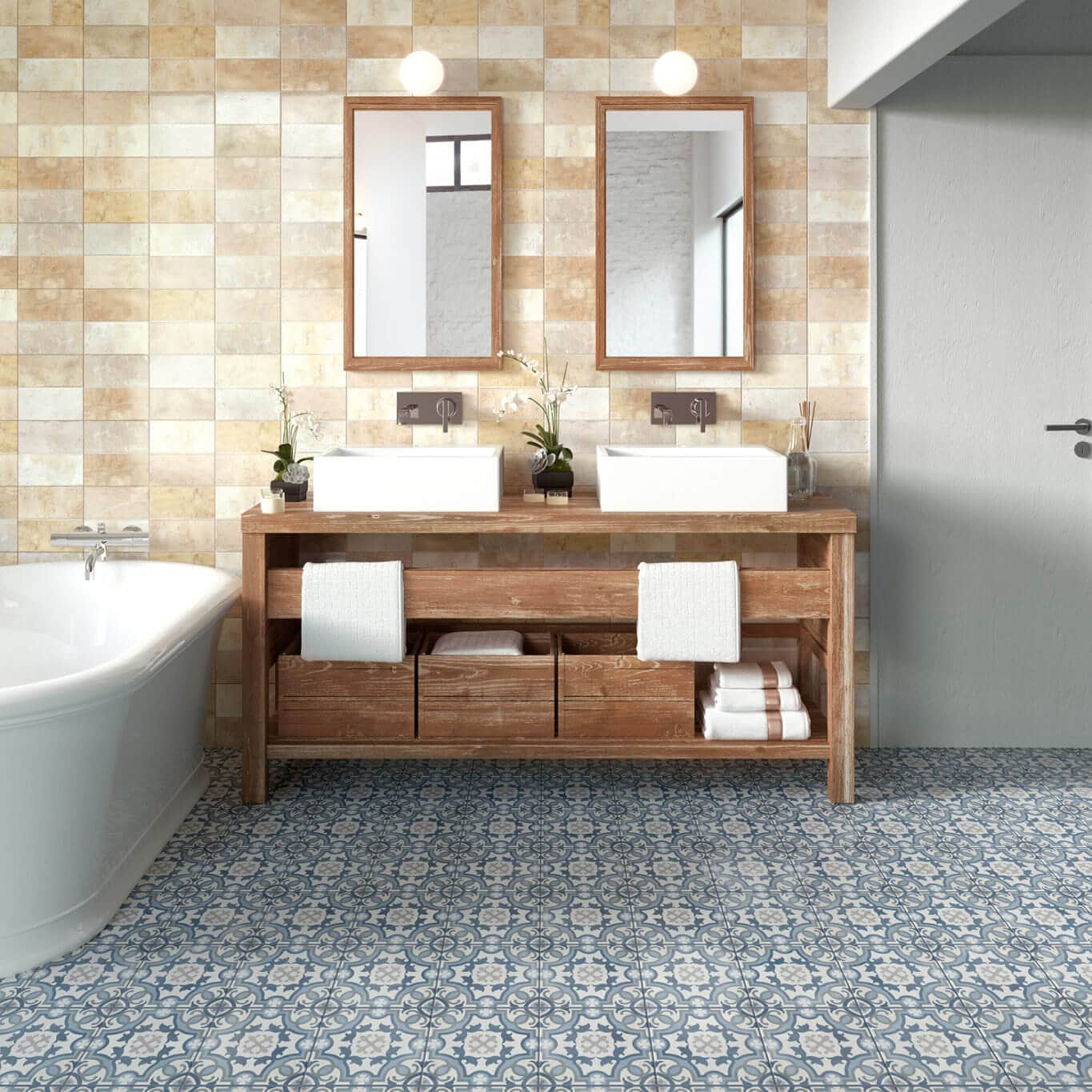 Bathroom with patterned tile flooring