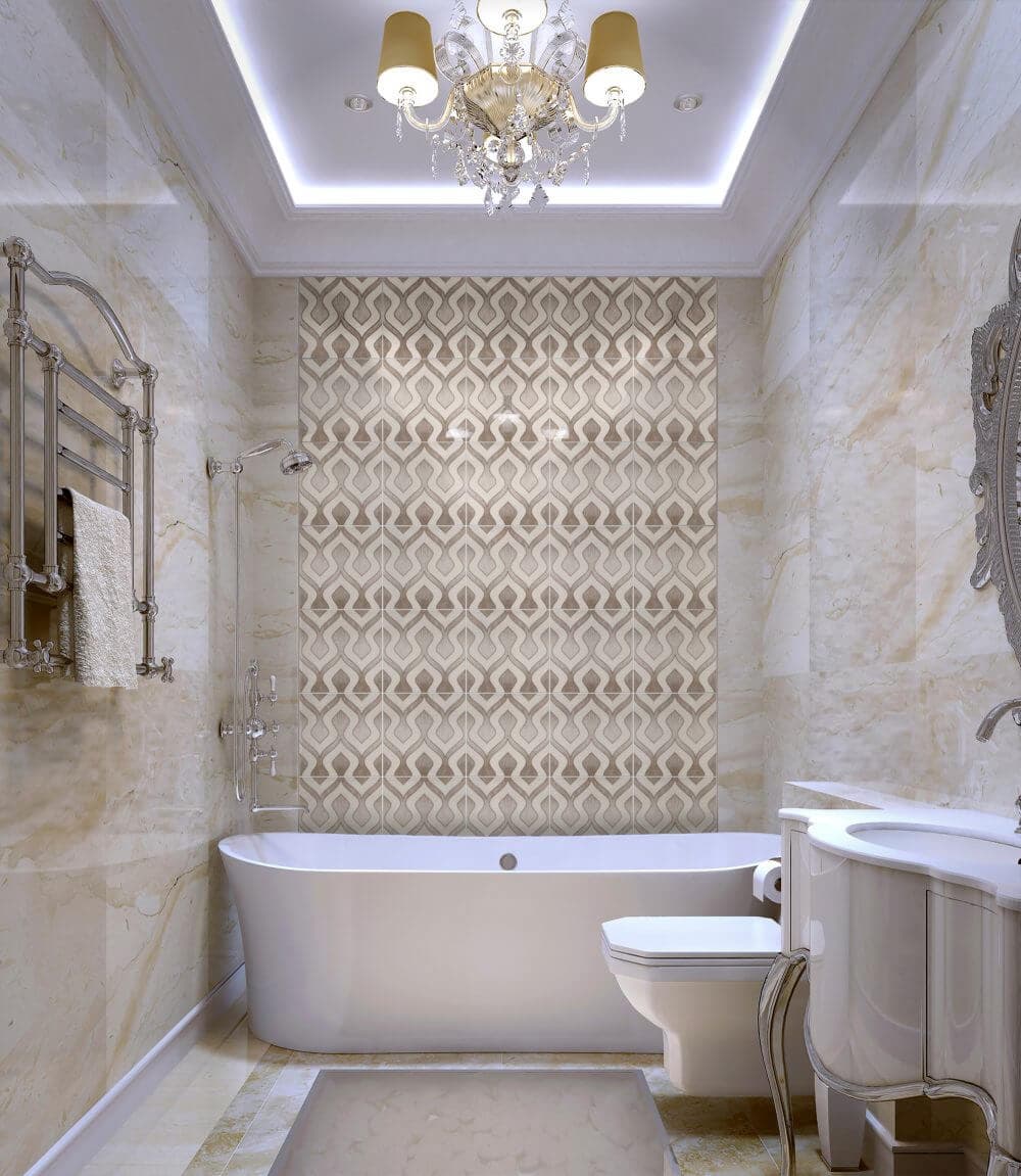 Bathroom shower tile ideas with decorative patterned feature wall, marble-look side walls and coordinating floor tile