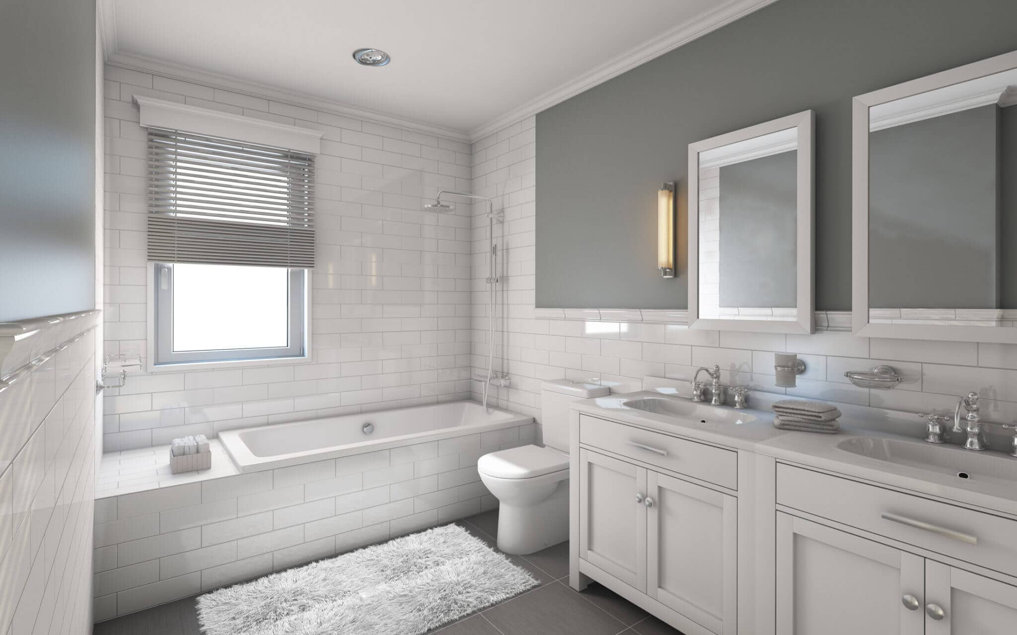 Bathroom shower tile ideas with white subway tile, marble-look tub surround and gray floor tile