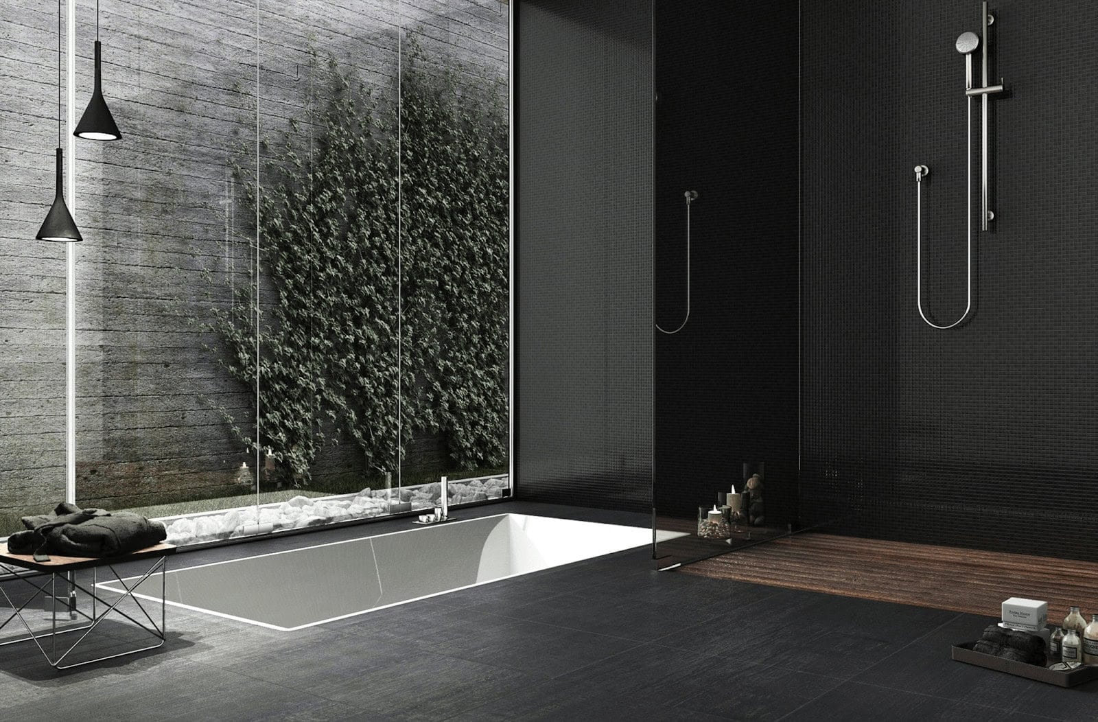 Click to Expand our Shower Tile Ideas Gallery 🔍 Shower tile ideas with black mosaic wall tiles, dark stone-look floor and spa-style sunken tub