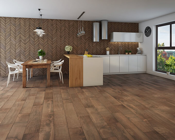 Kitchen with a wood-look tile wall and flooring