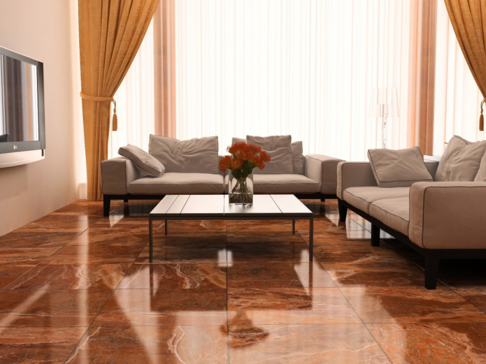 Living room with glossy ceramic tile flooring