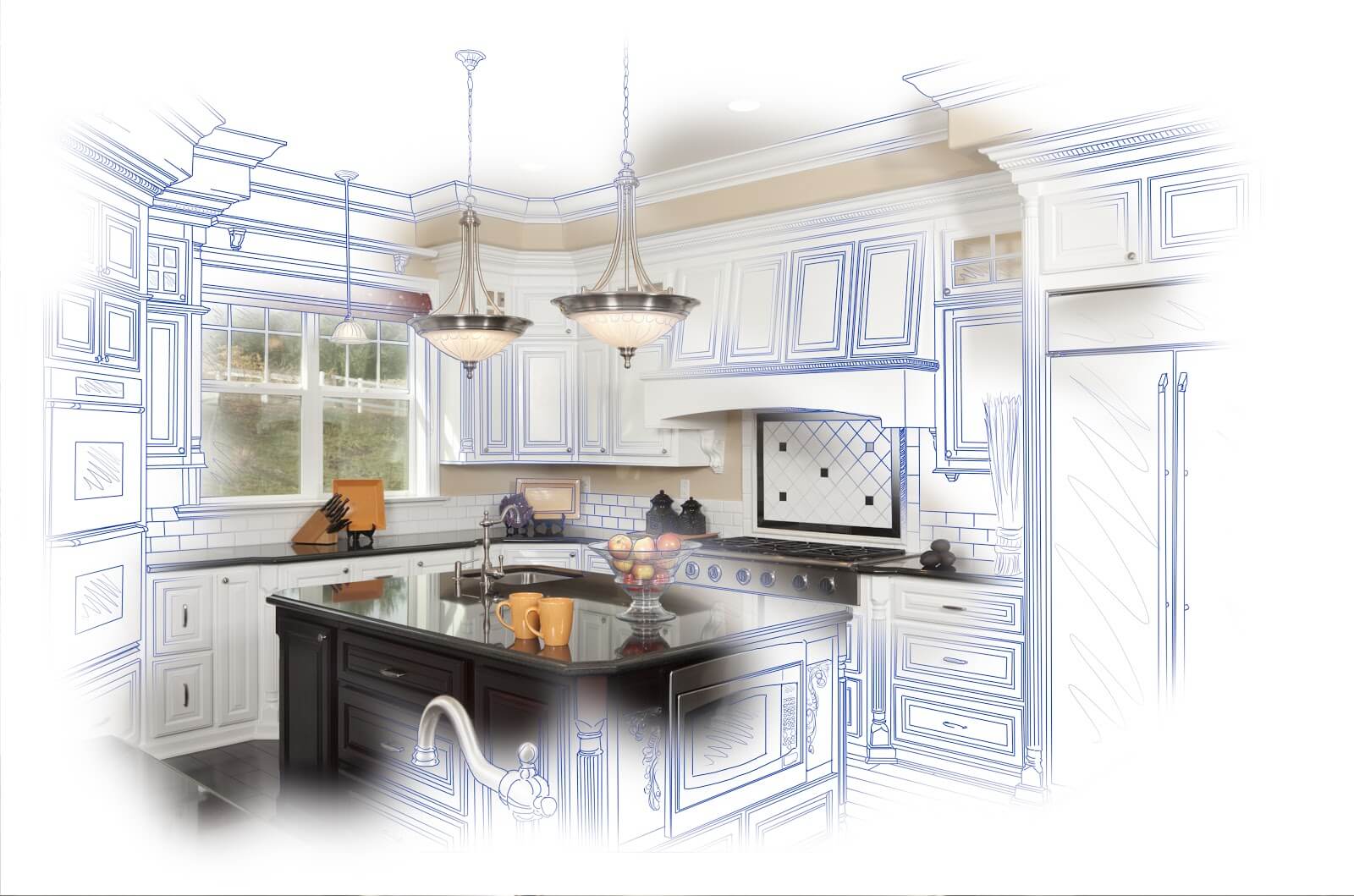 Remodeling plans laid over a photo of a kitchen
