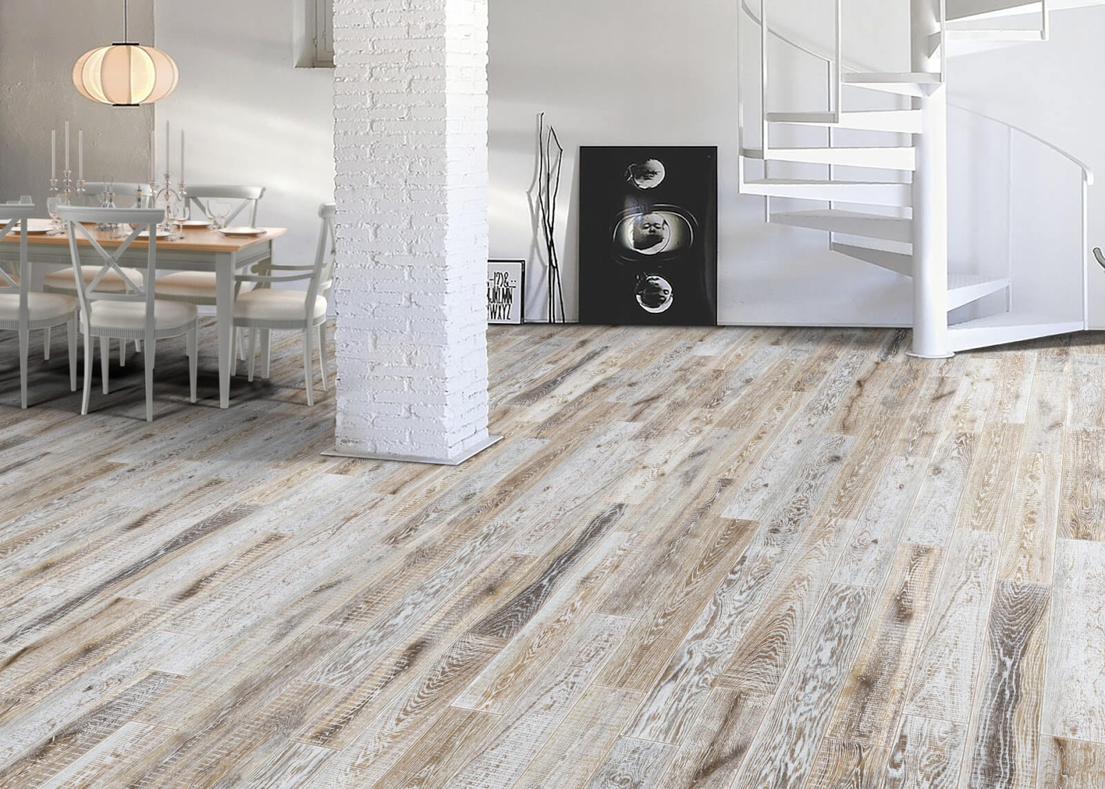 Living space with wood-look ceramic tile floor