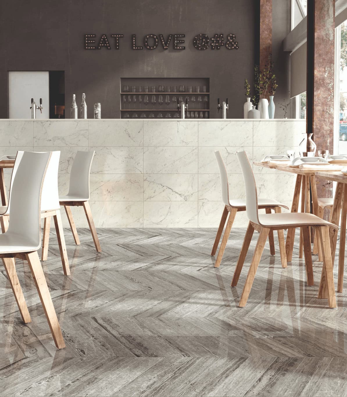 Wood-look chevron tile flooring in a restaurant