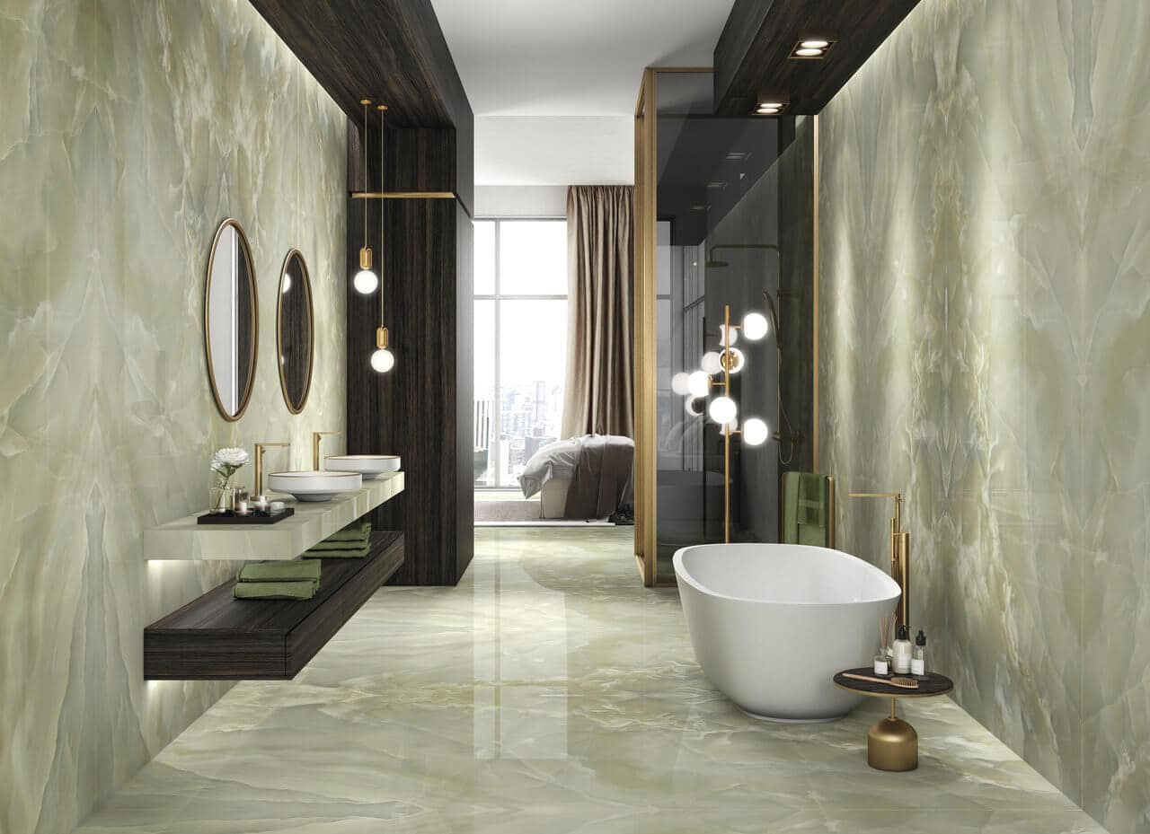 Green onyx-look gauged porcelain tile bathroom flooring and walls