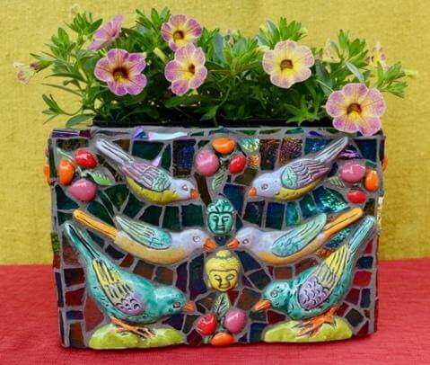 handmade planter box with birds made by Robyn Sue Miller with ceramic tile and glass design