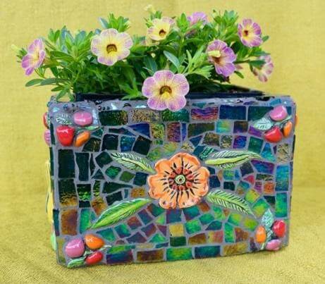 handmade planter box with flowers made by Robyn Sue Miller with ceramic tile and glass design