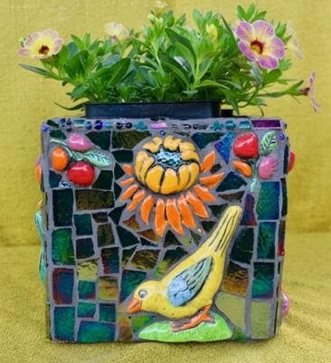 handmade planter box with birds and flowers made by Robyn Sue Miller with ceramic tile and glass design