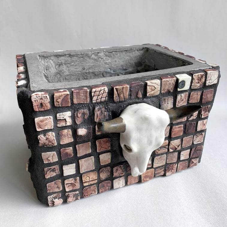Ceramic tile Planter box with animal skull made by Chris Bonner