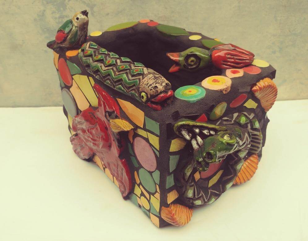 Handmade planter box by Katia Tiles with 3d animal sculptures and hand-painted ceramics