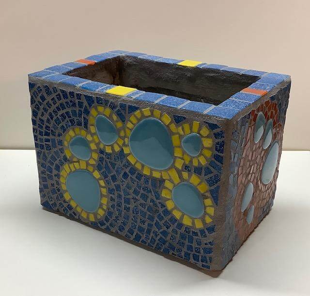 Ceramic tile planter box made by Laura Lyn Stern with glass, ceramic, bronze and natural minerals
