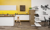 Kitchen with yellow tile wall