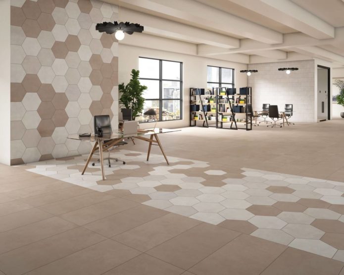 Large beige and white hexagon tiles