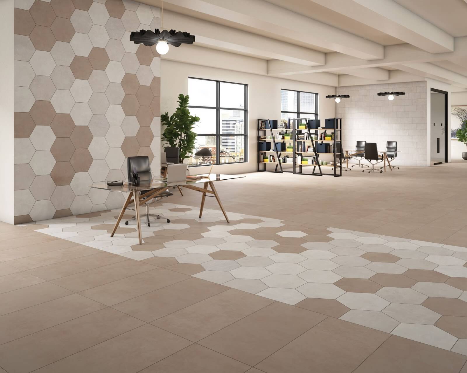 Large beige and white hexagon tiles