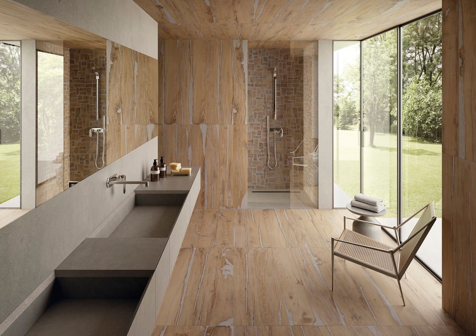 Natural wood-look tile bathroom