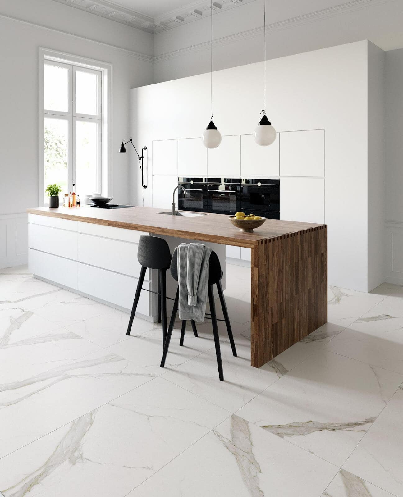 White marble-look tile with large, sparse veining