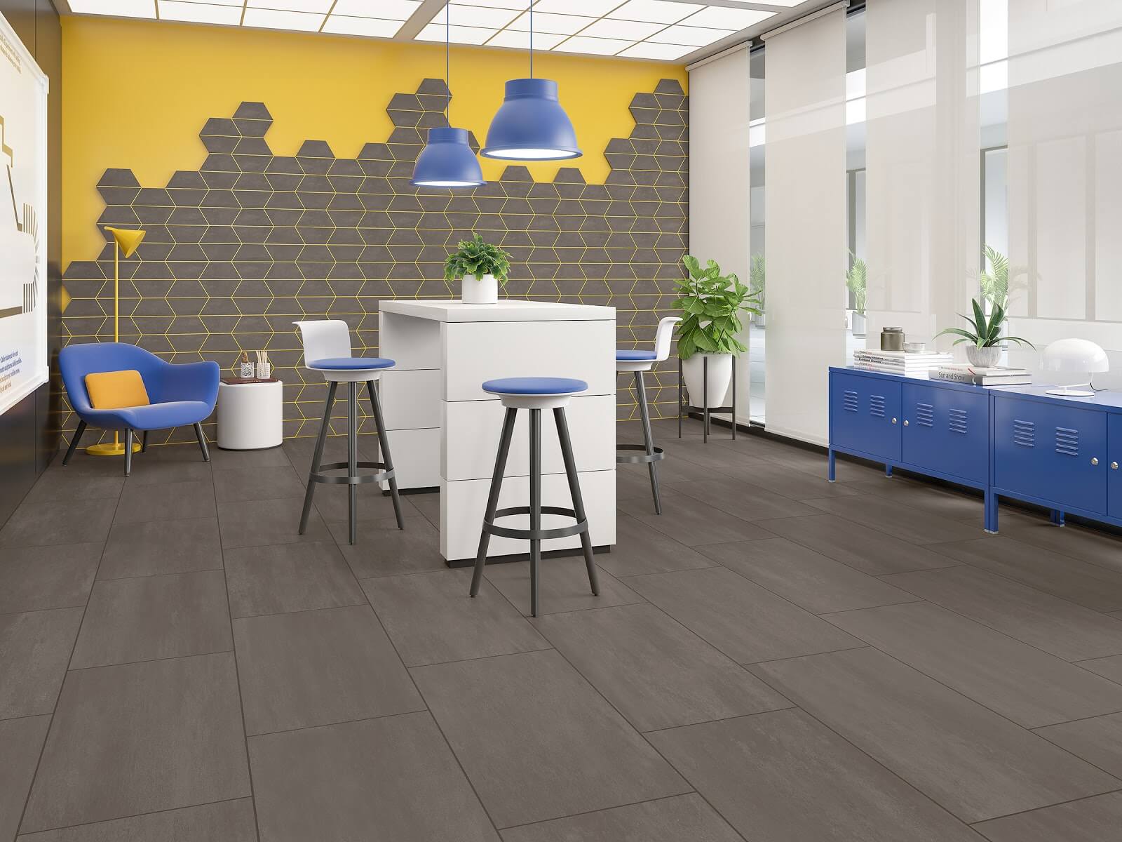 yellow and gray tile and grout for office space
