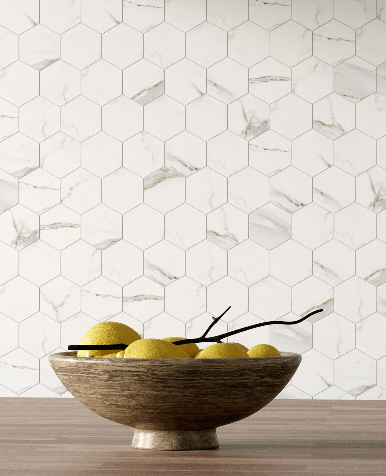 White marble-look hexagon tile kitchen backsplash