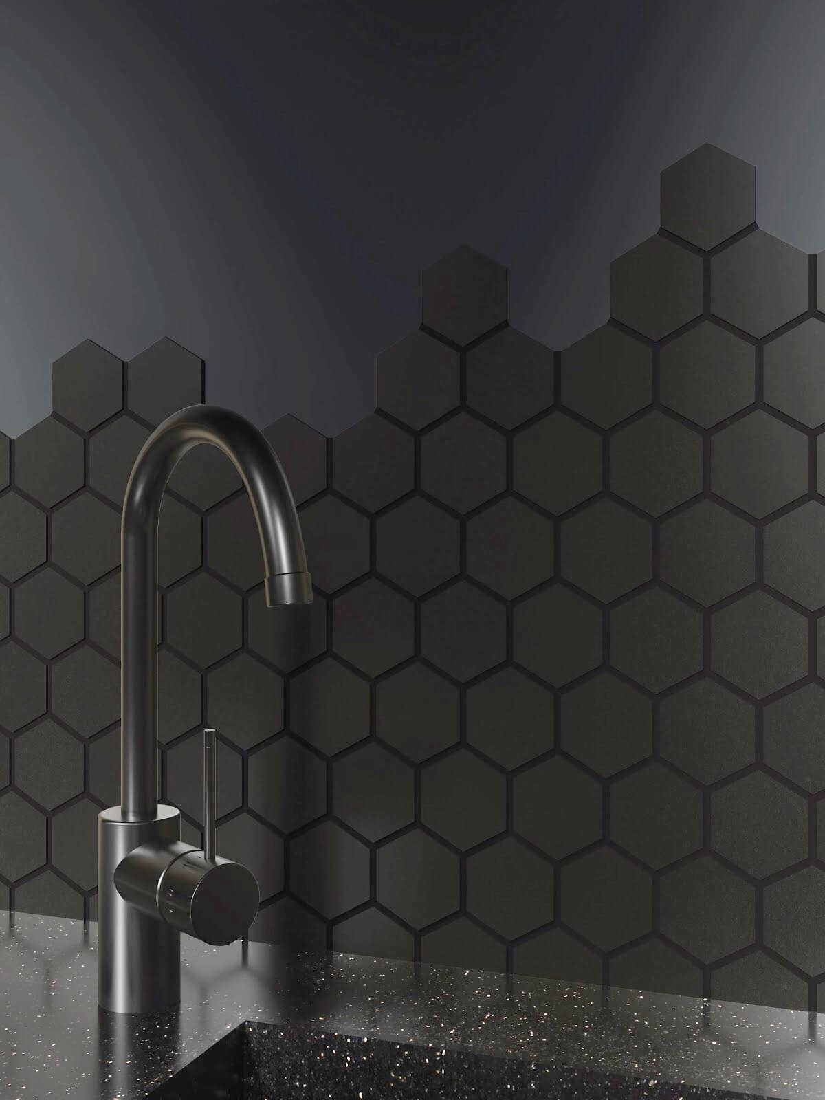 Staggered black hexagon tile backsplash