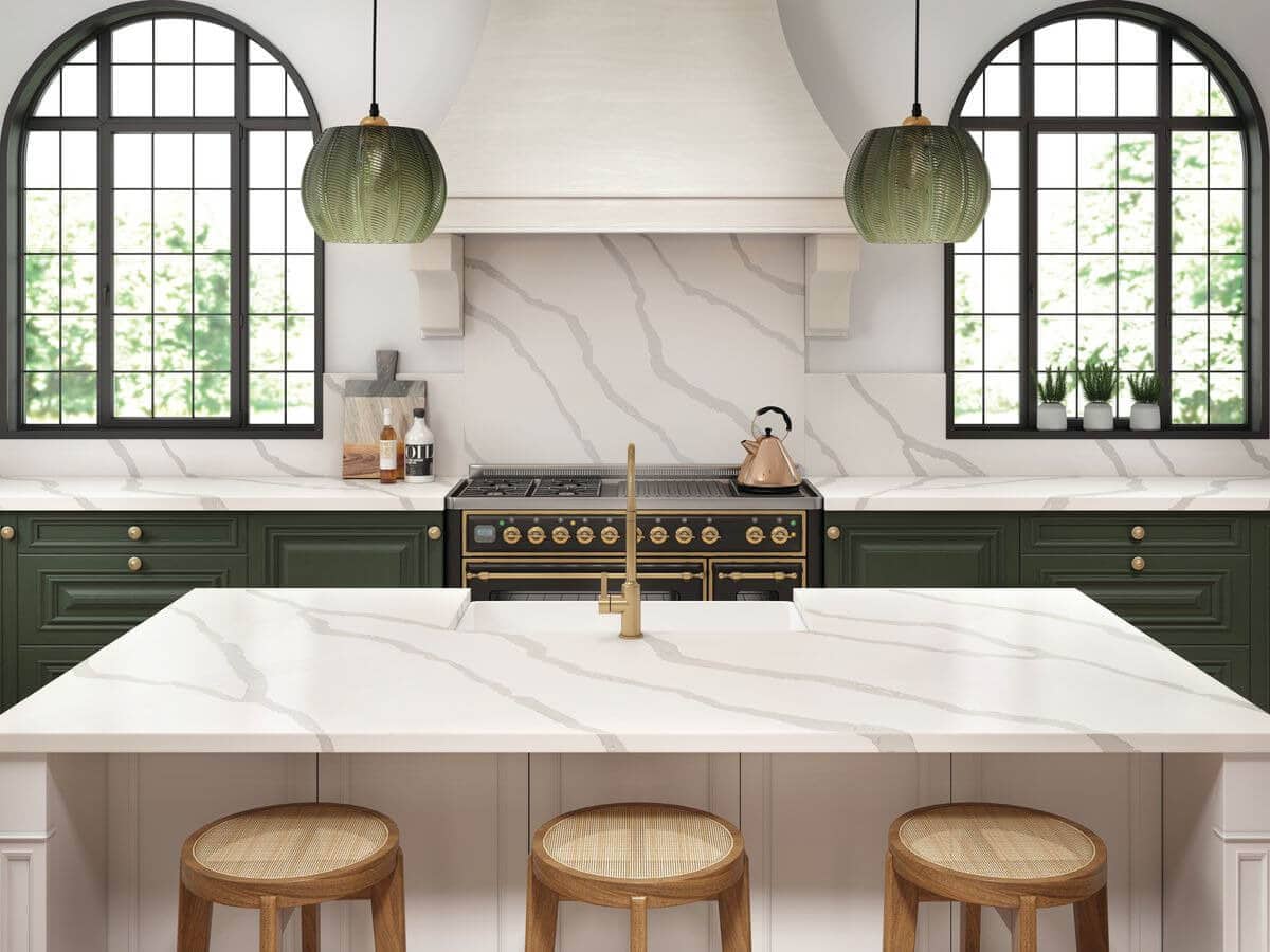 White Marble-Look Tiled Kitchen Island With Large Sparse Veins