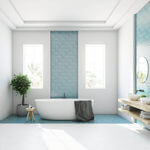 Bathroom with blue penny round tile walls and flooring