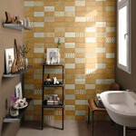 Bathroom with earthy yellow tile feature wall