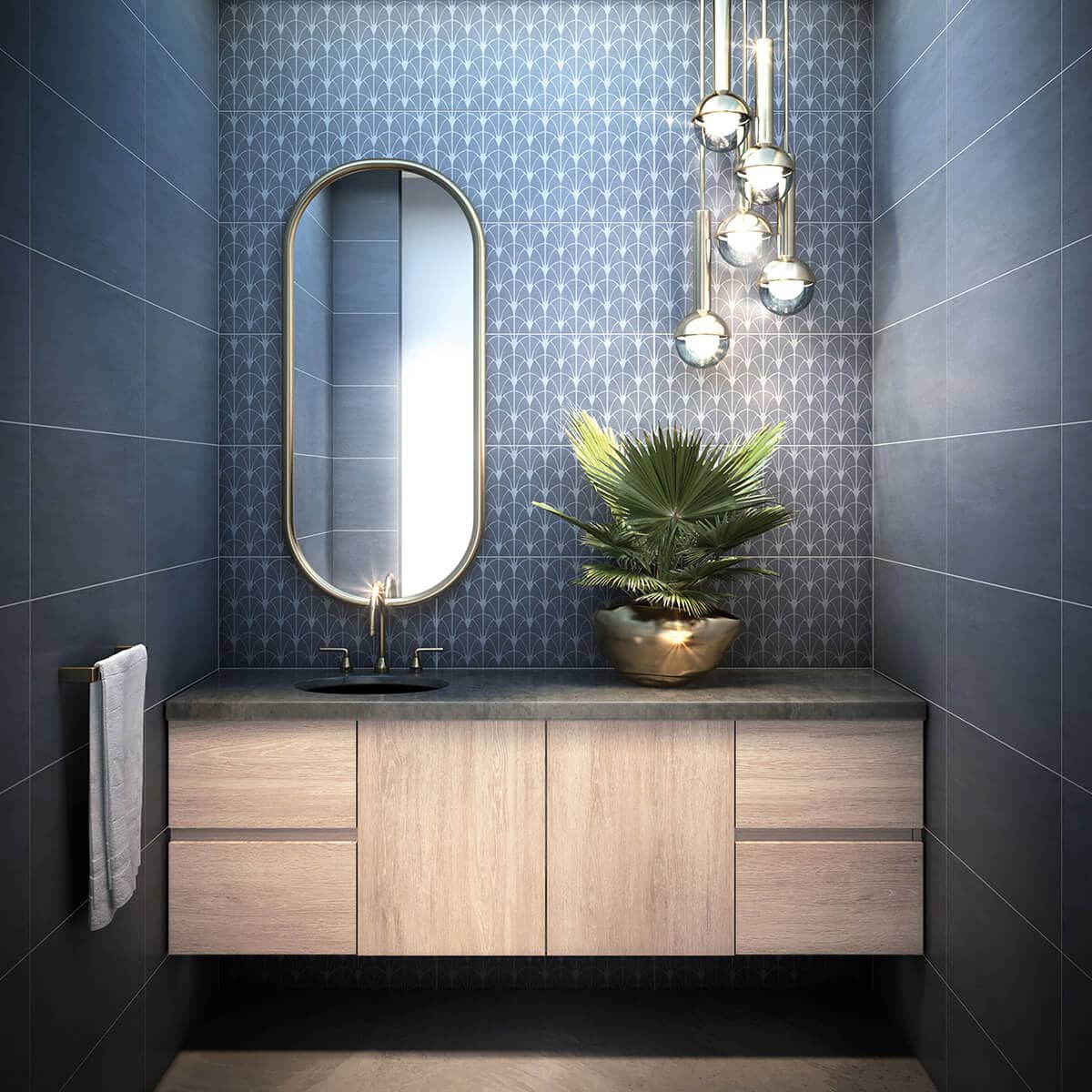 Blue powder room tile wall with an art deco pattern