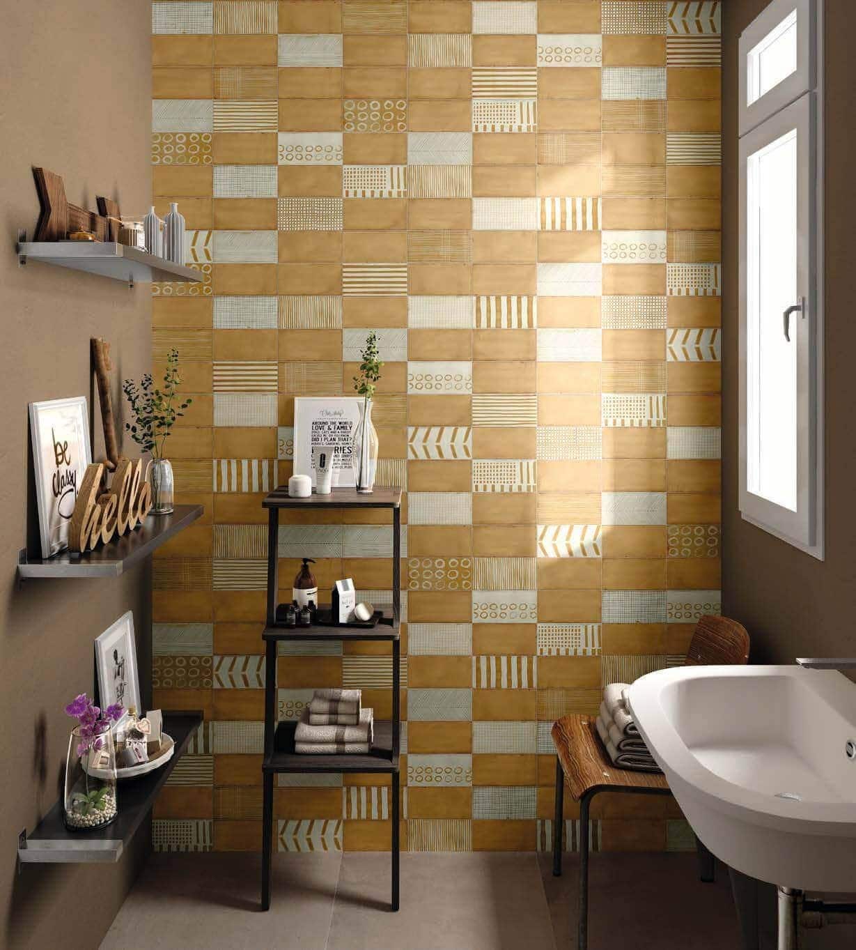Bathroom tile color idea: earthy yellow tile feature wall for a nature‑inspired palette