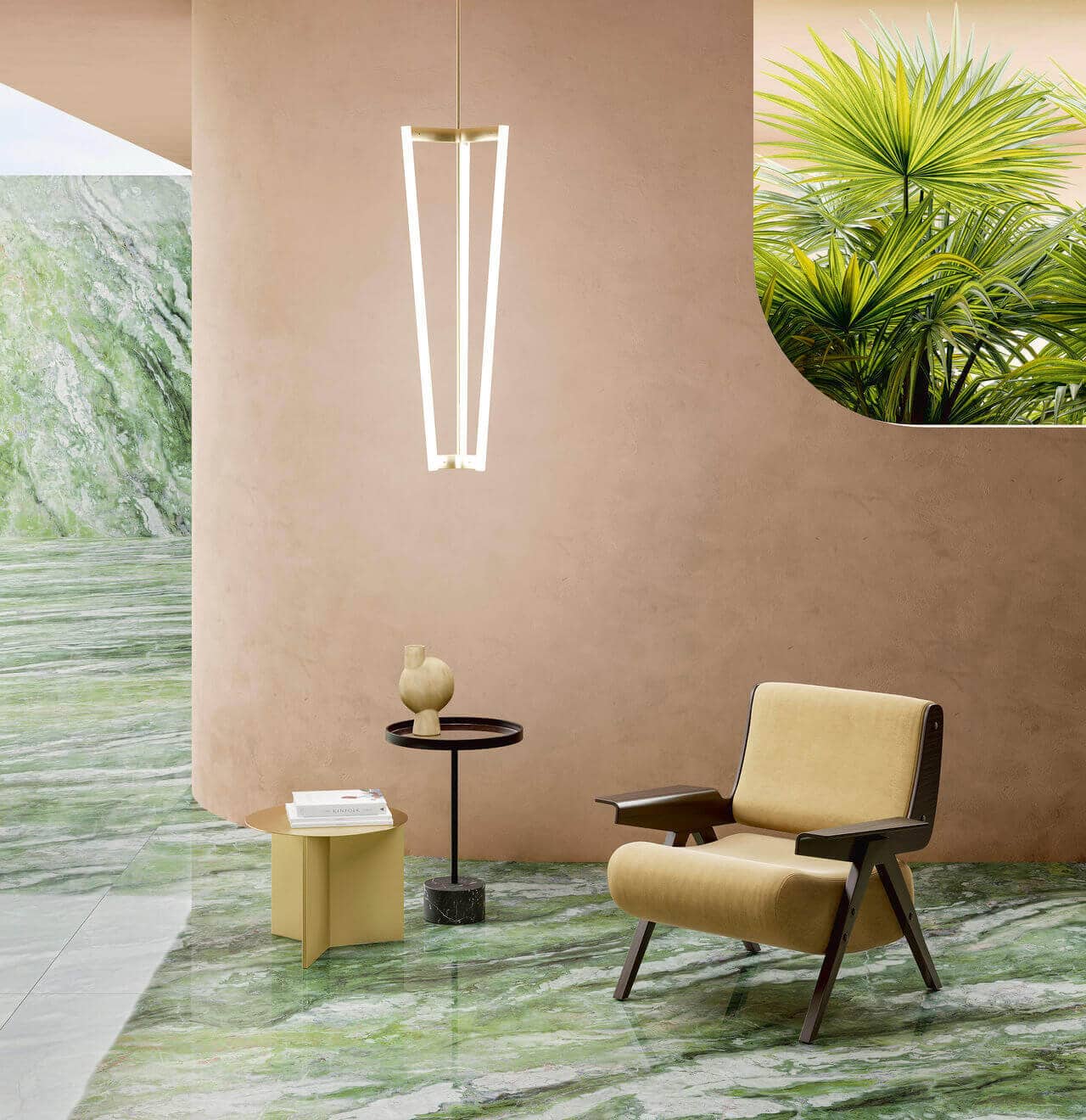 Living room tile color idea: green marble‑look floor tiles with blush pink wall tiles