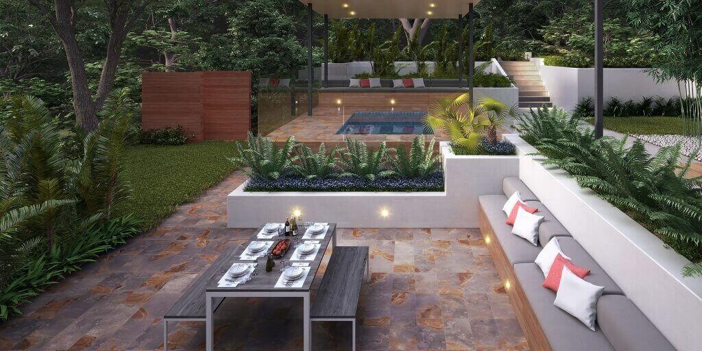 Outdoor tile color idea: luxurious patio dining area with gray and orange slate‑look tiles