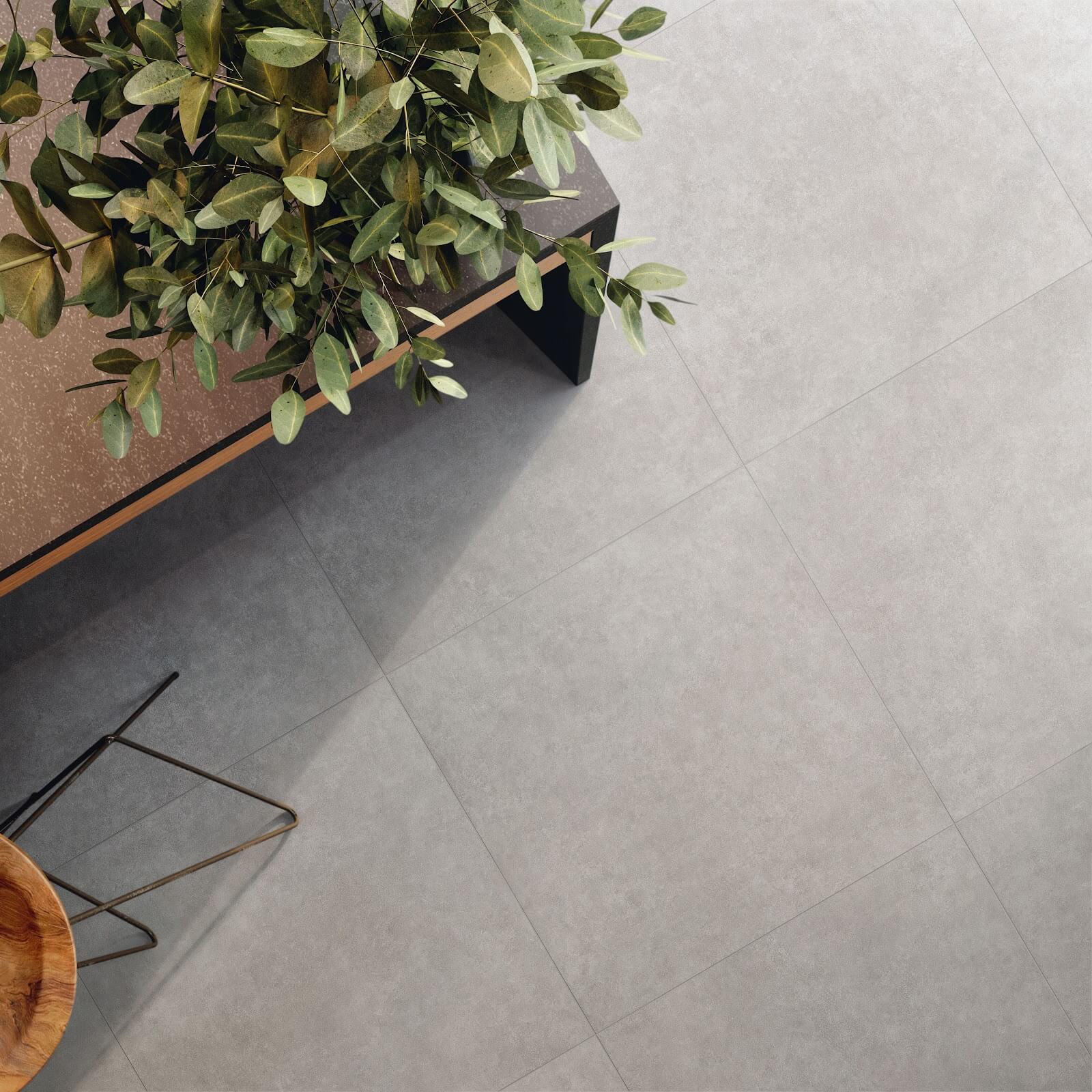 Cement-toned plaster-look tile flooring
