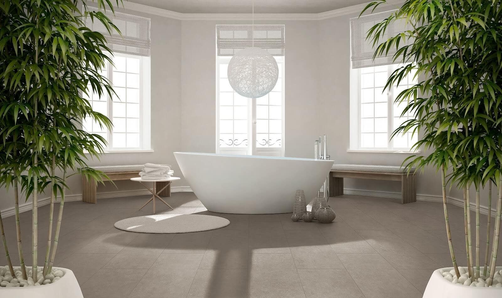 Bathroom with gray plaster-look tile flooring