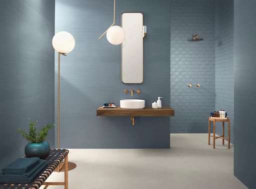 Trendy gray-blue color tile in a modern bathroom