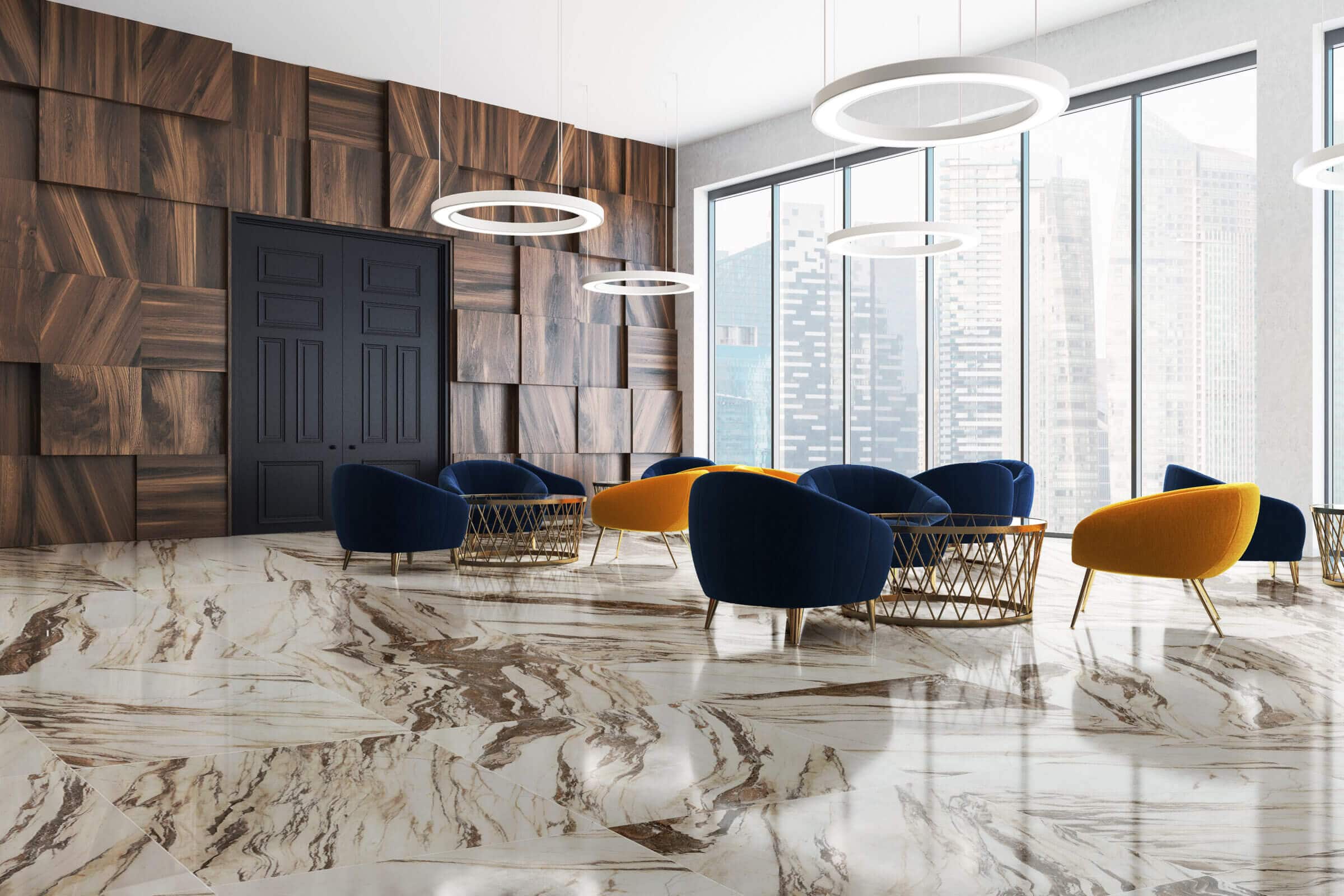 Colorful hotel waiting space with marble-look flooring