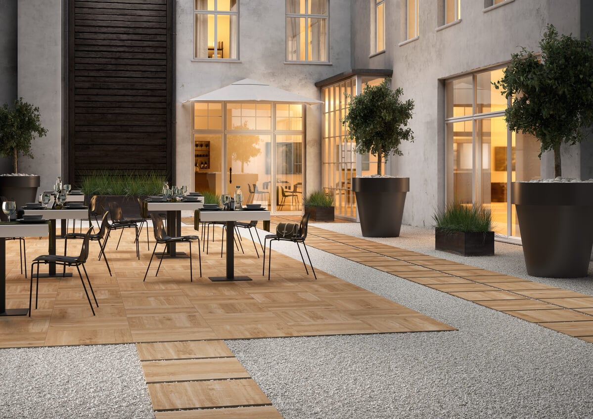 wood-look porcelain tile for an outdoor dining space