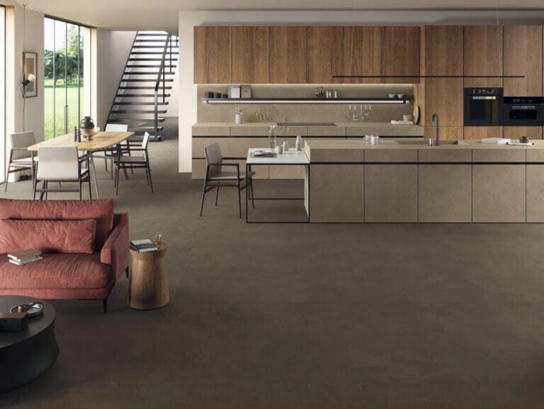 Kitchen with brown porcelain tile floor