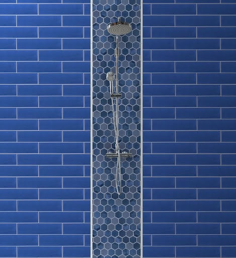 Blue mosaic vertical shower tile