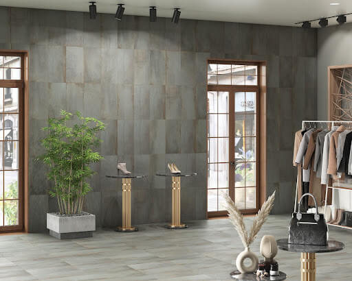 Metal-look vertical tiles for multipurpose room