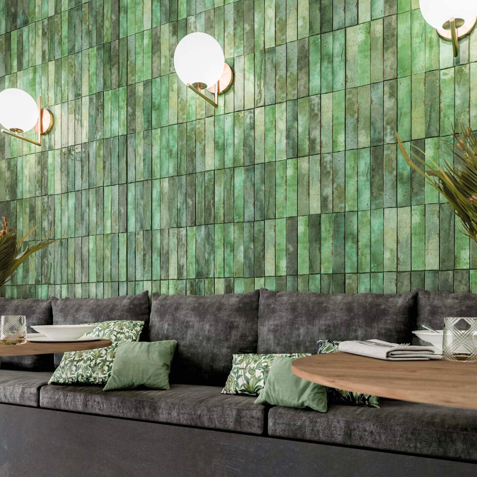 Green hue vertical wall tiles with straight stacks