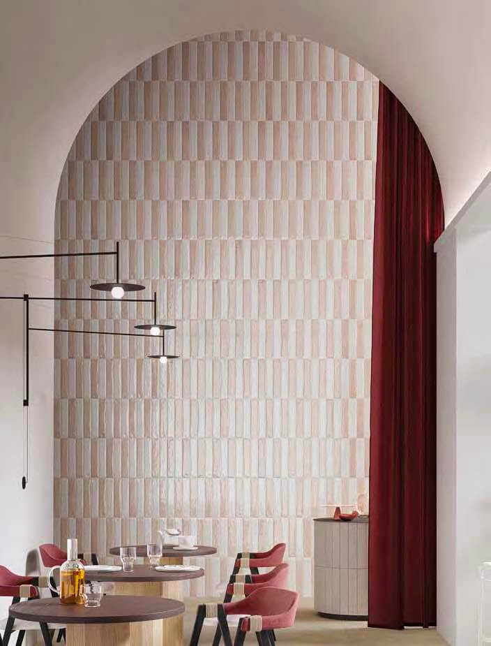 Pink and white vertical tiles for restaurant wall