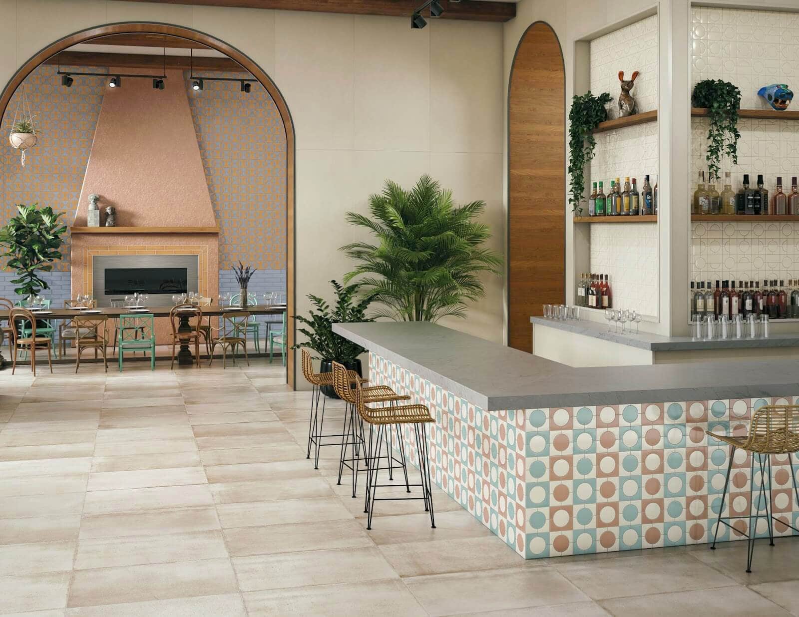 Elegant outdoor bar with horizontal grid tile pattern