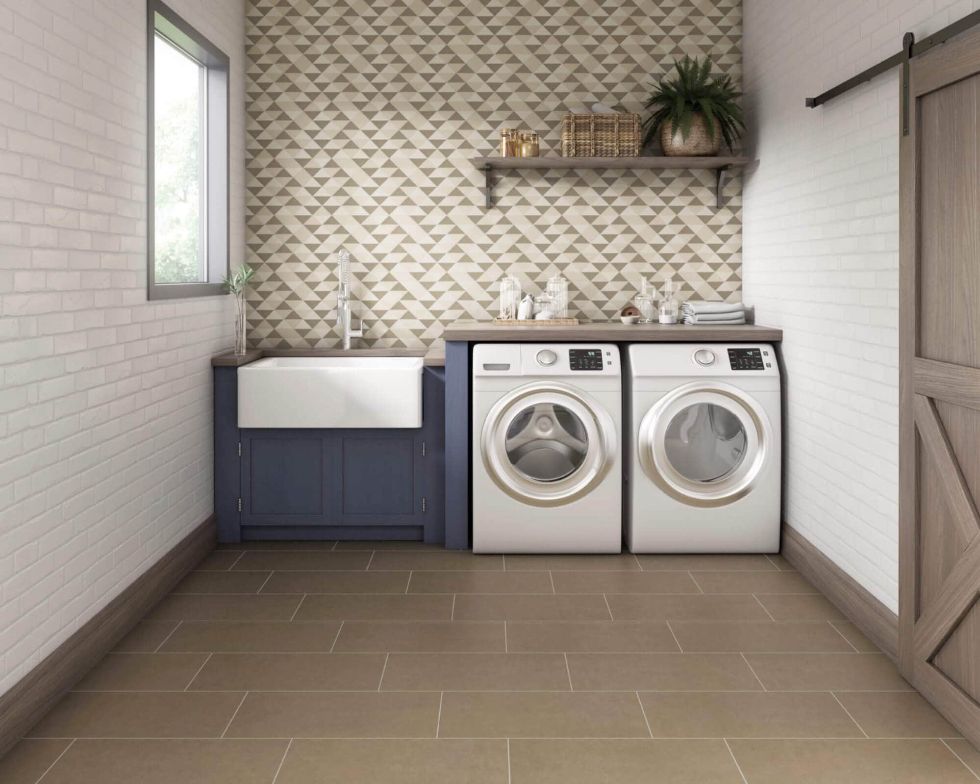 Laundry room with subway floor tile pattern