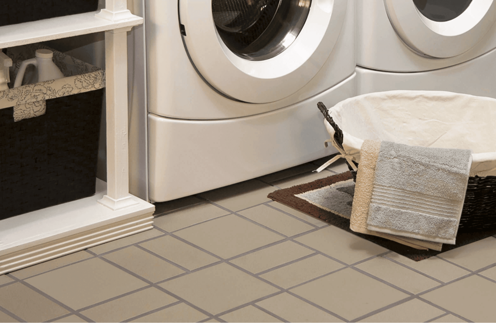 Laundry room with vertical crosshatch floor tile pattern and checkerboard 2.0 tile pattern