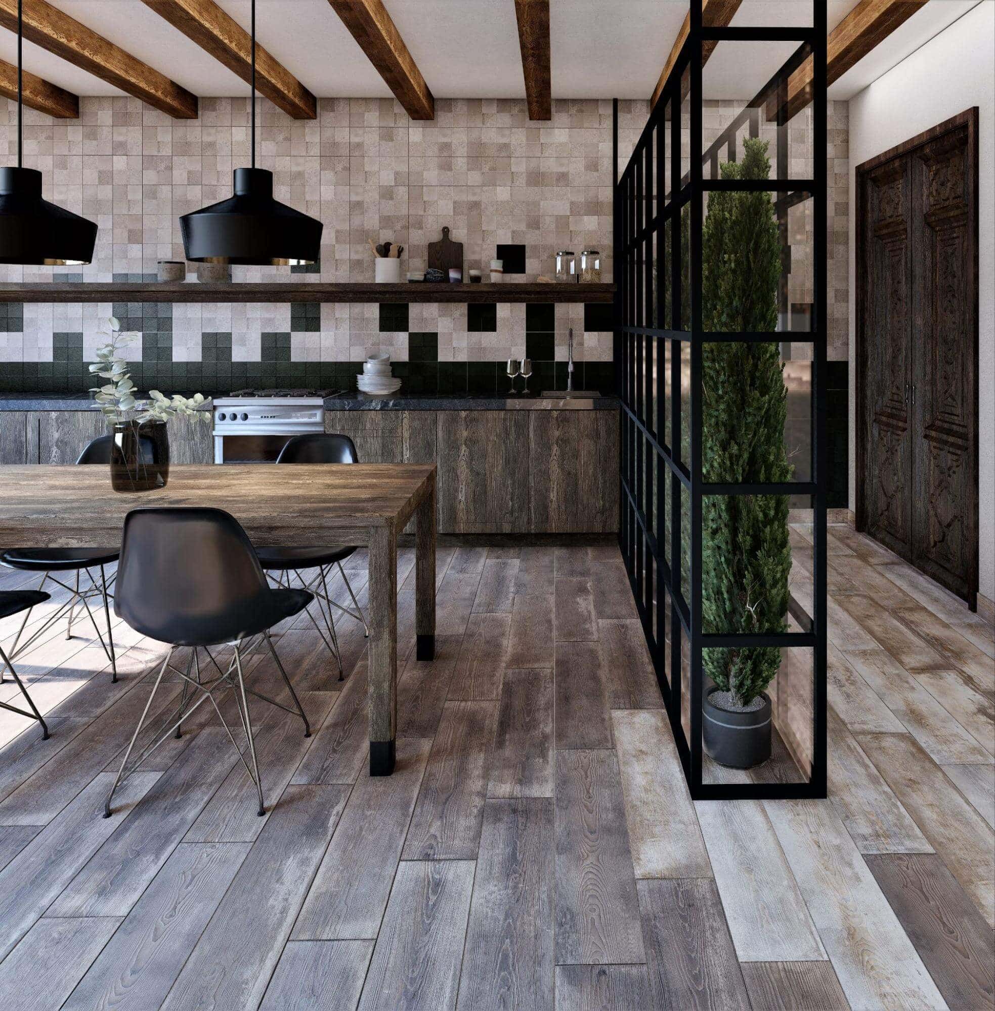 Kitchen with running bond floor tile pattern