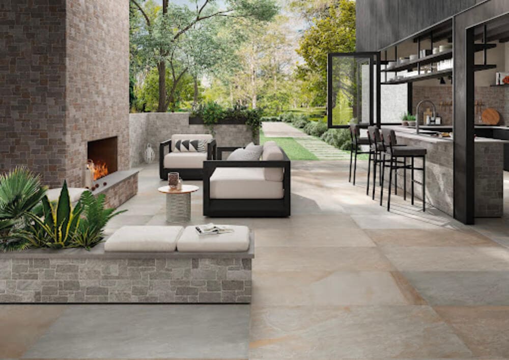 Outdoor patio with gauged porcelain flooring for durability and longevity